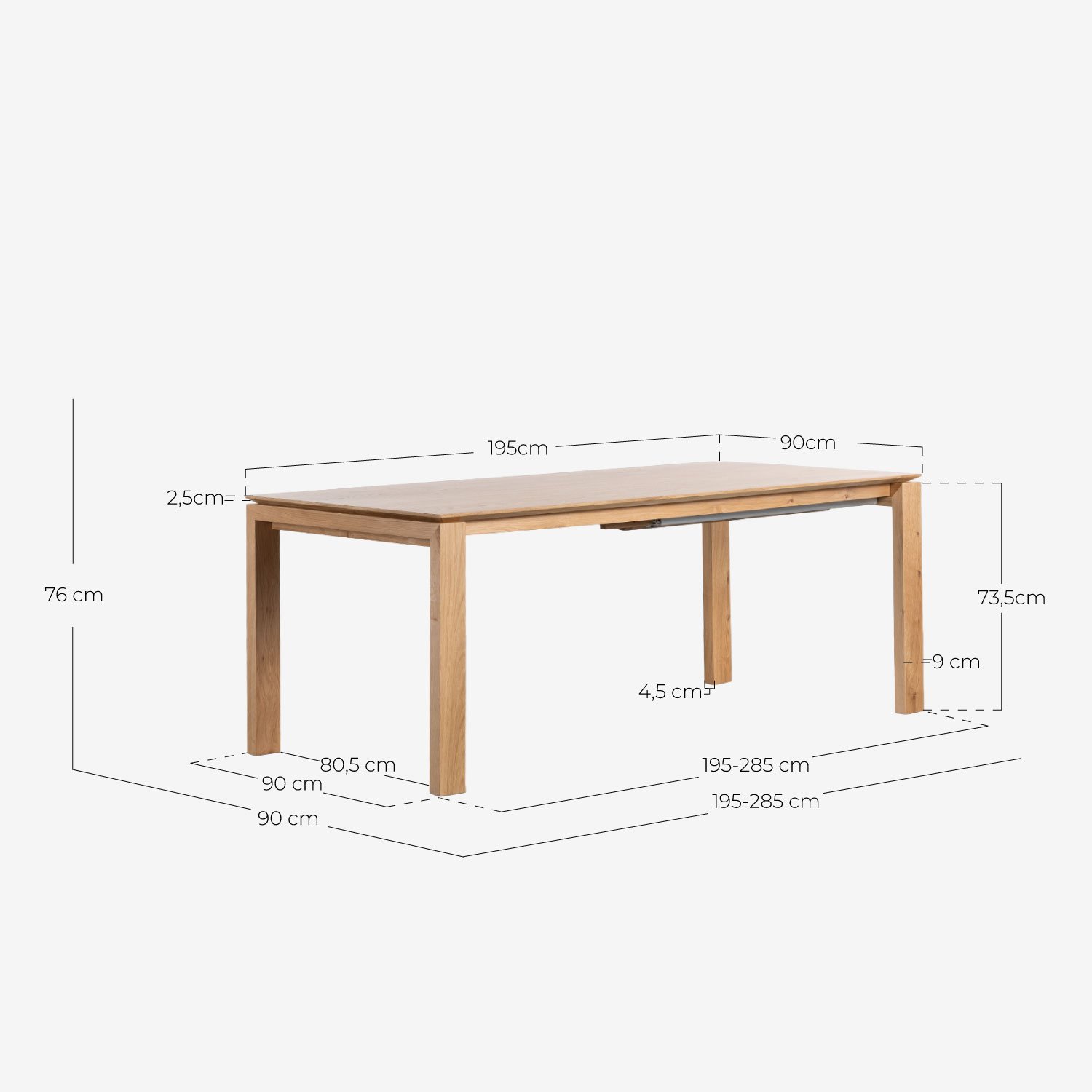 Extendable Rectangular Wooden Dining Table (195-285x90 cm) Deran, measurements