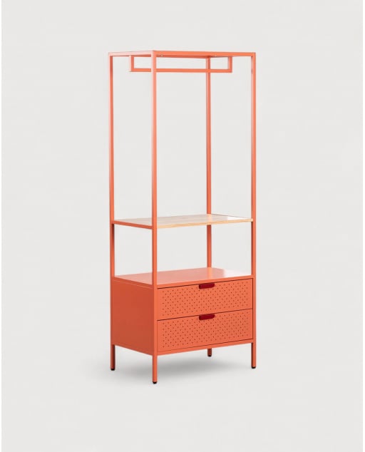 Standing Coat Rack with Shelf and Two Drawers in Laminated Steel and Pine Wood (180x70 cm) Varys - Orange Terra