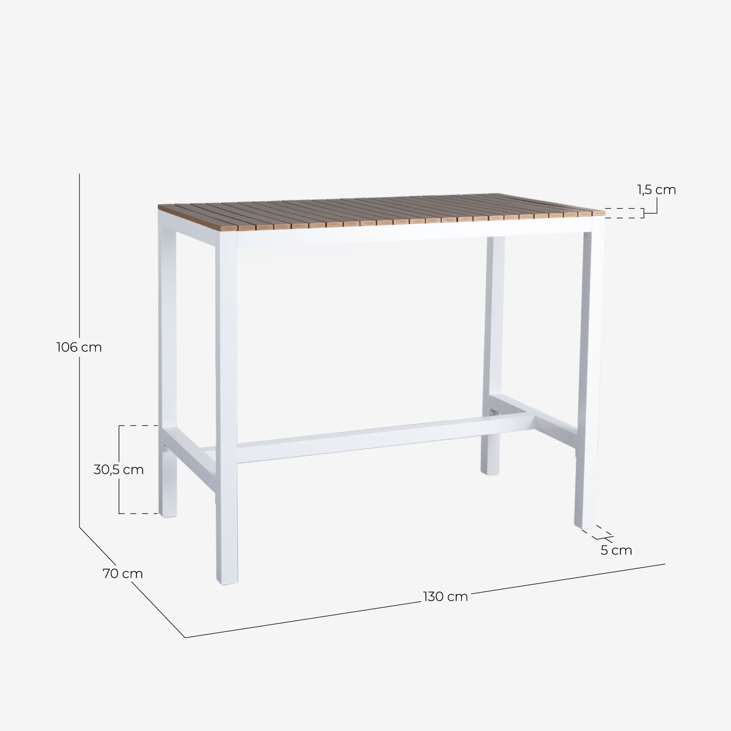Set of High Table (130x70 cm) and 4 High Outdoor Aluminium Stools Korce, measurements