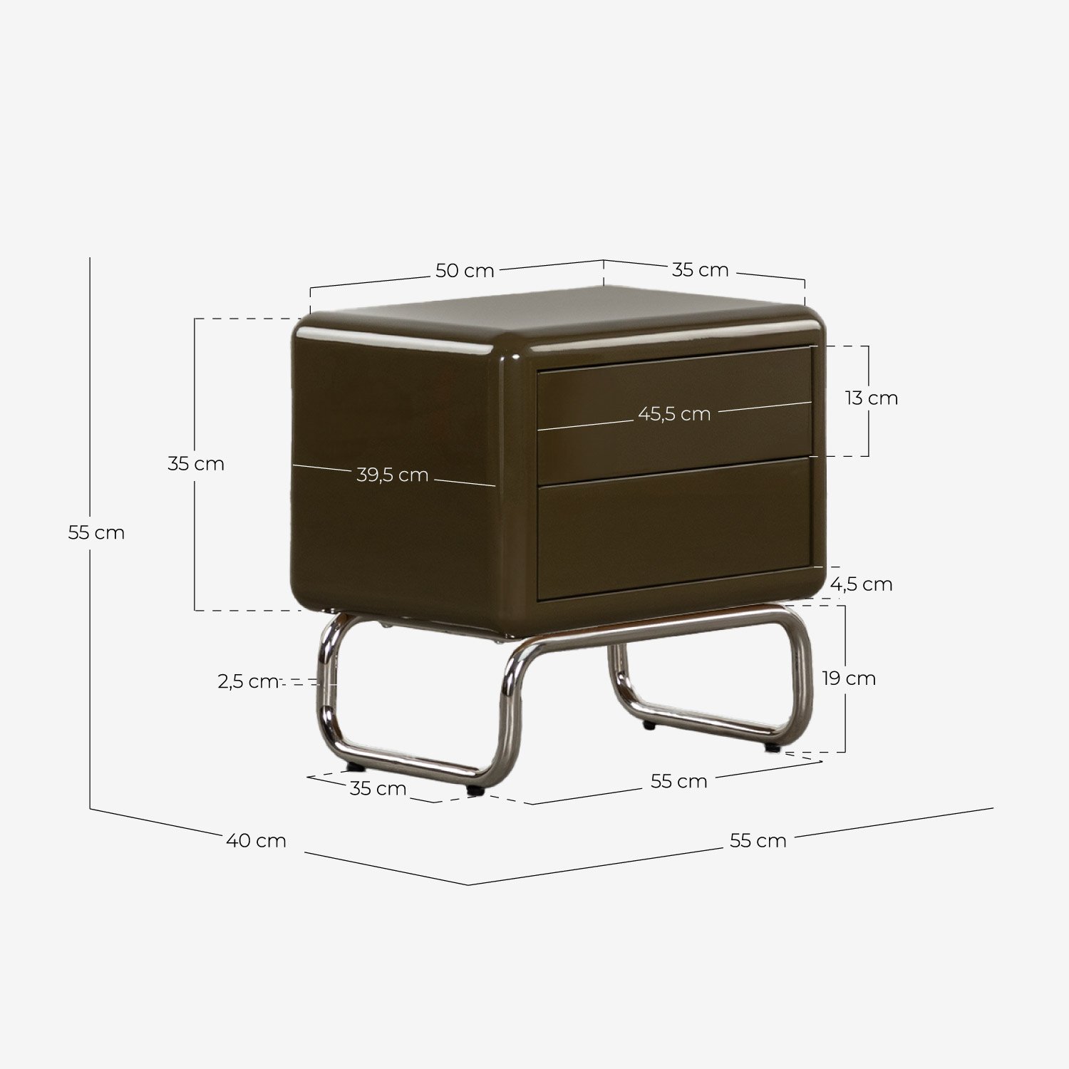 Bedside Table with Wooden and Metal Drawers (55x40 cm) Candela Colours, measurements