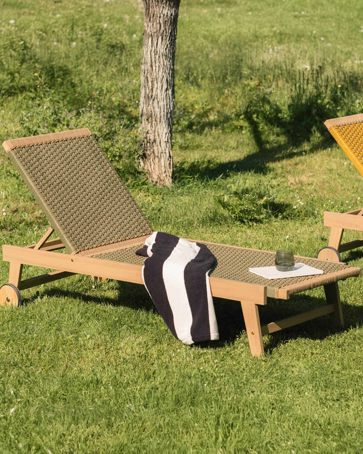 Mirle Acacia Wood and Rope Wheeled Lounger, gallery image 2