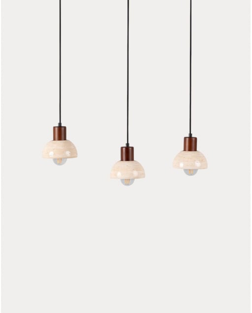 May 3-Light Travertine Marble and Wood Ceiling Lamp
