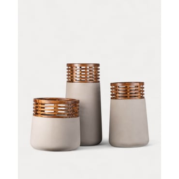 Set of 3 Acacia Concrete and Wooden Planters Hazan Grey Concrete - The Masie