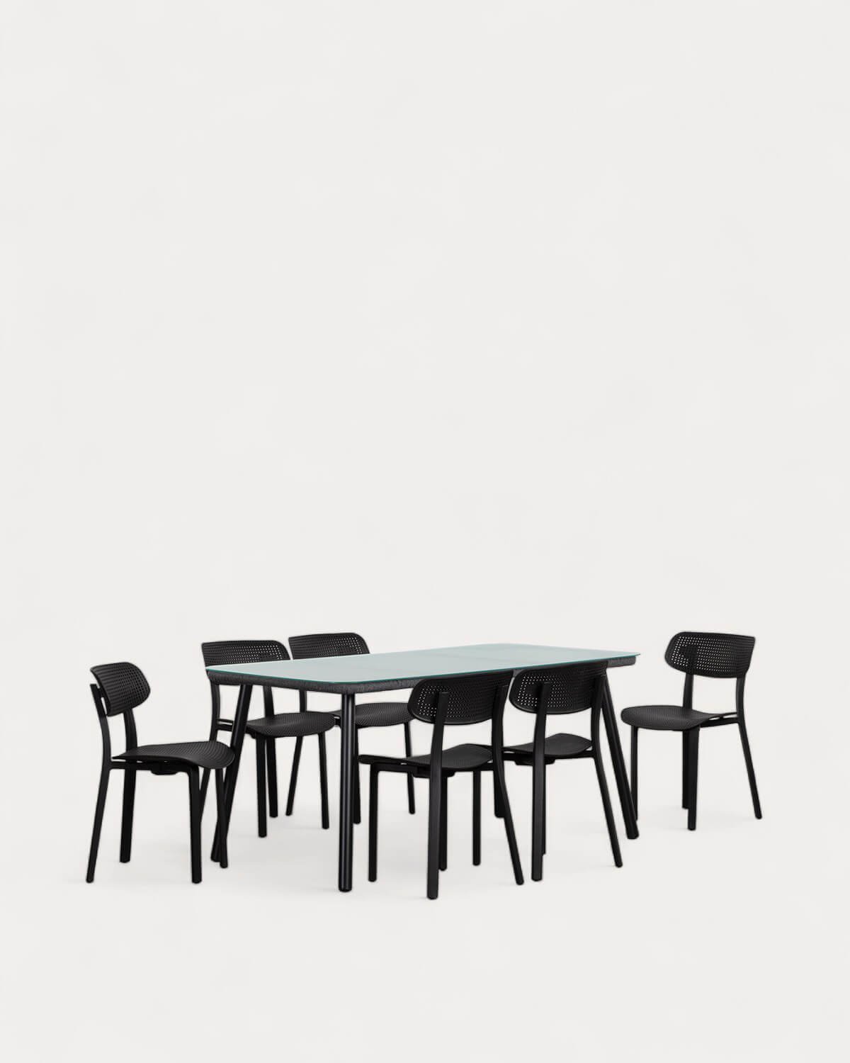 Drian Rectangular Aluminum and Glass Table Set (160x90 cm) with 6 Dasi Outdoor Polypropylene Chairs, gallery image 1