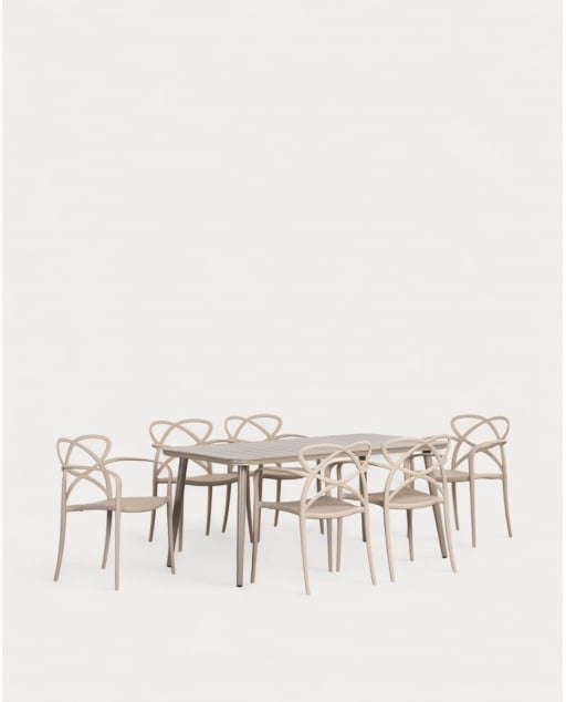 Rectangular Aluminum Table Set (160x90 cm) Cancun and 6 Polypropylene Chairs with Outdoor Armrests Cielo