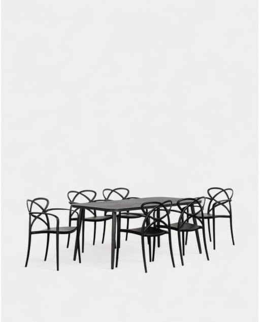 Rectangular Aluminum Table Set (160x90 cm) Cancun and 6 Polypropylene Chairs with Outdoor Armrests Cielo