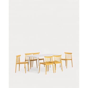 Cancun Rectangular Aluminum Table Set (160x90 cm) and 6 Sunty Outdoor Polypropylene Chairs Yellow Curry - The Masie