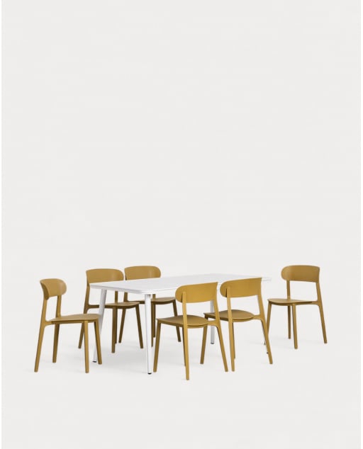 Cancun Rectangular Aluminum Table Set (160x90 cm) and 6 Briel Outdoor Polypropylene Chairs - Yellow Curry