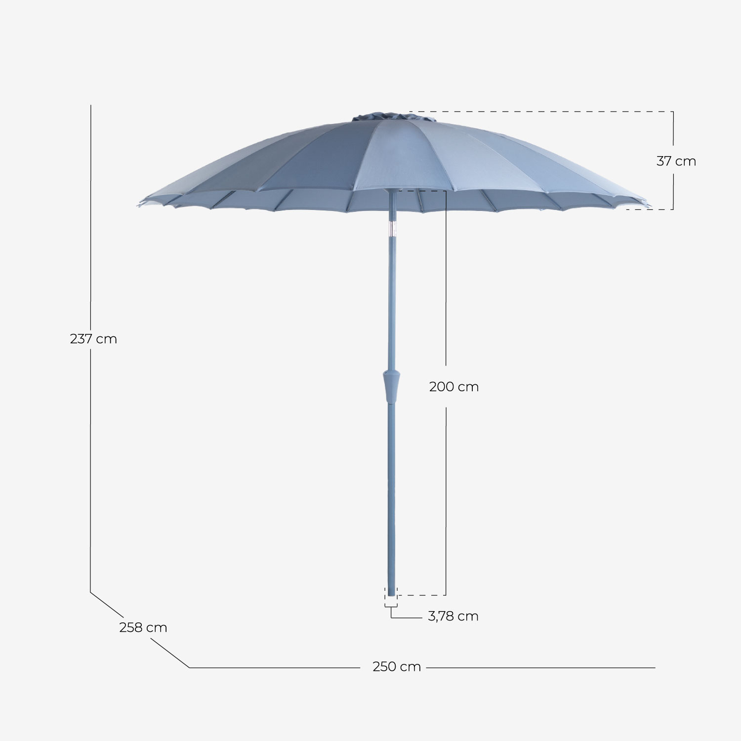 Garden and Terrace Parasol with Metal Parasol Stand Pack Somer, measurements