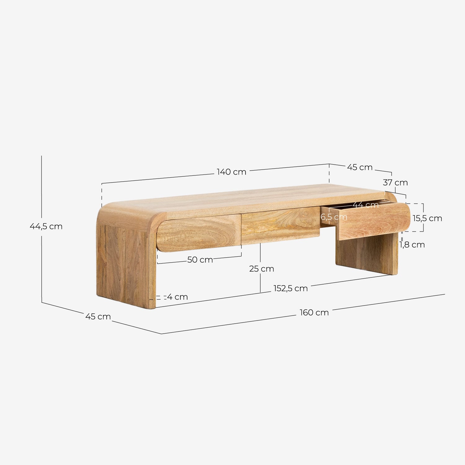 TV Stand with 3 Drawers 160x45 cm in Mango Wood Vanile, measurements