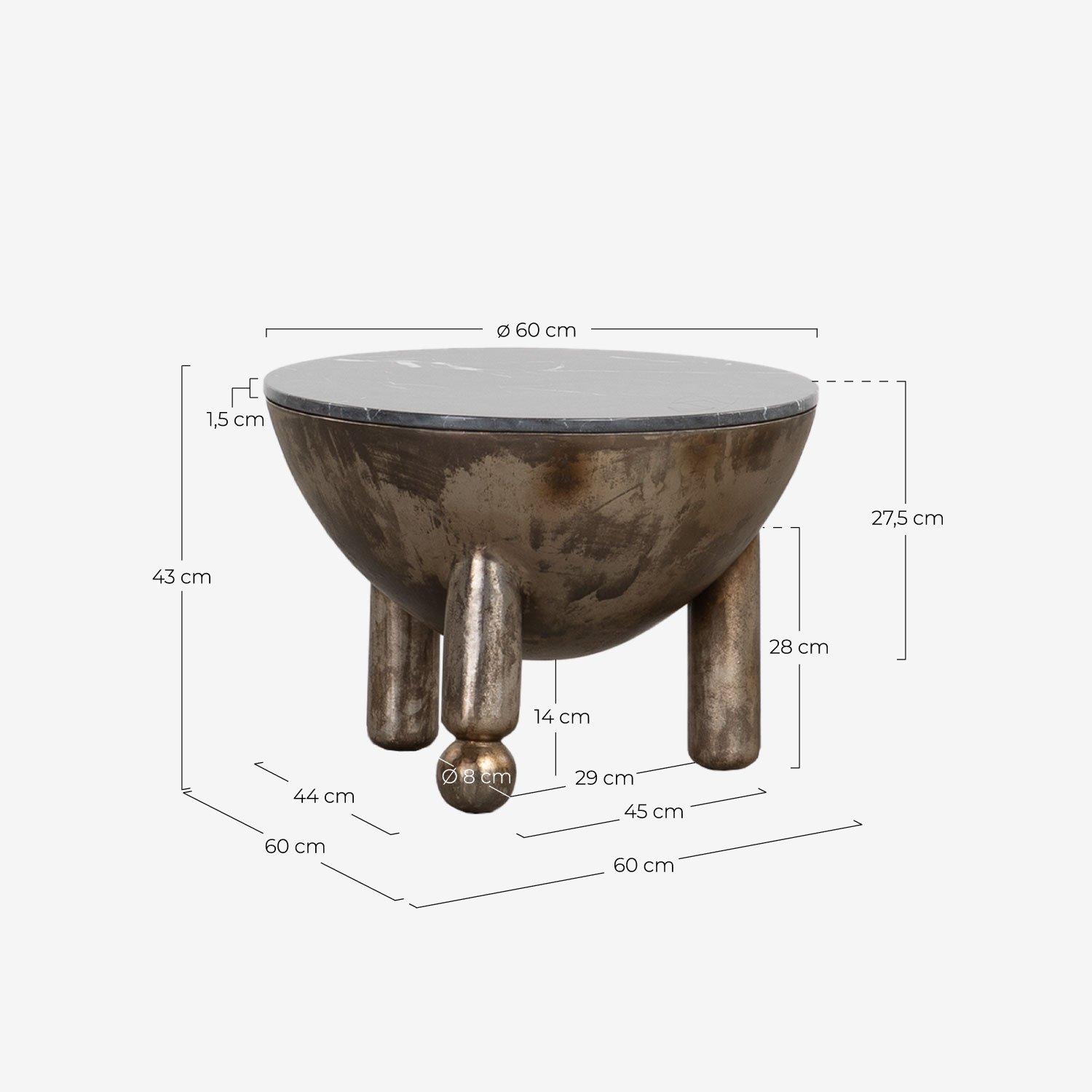 Round Coffee Table with Storage in Travertine Marble and Metal (Ø60 cm) Lefti, measurements