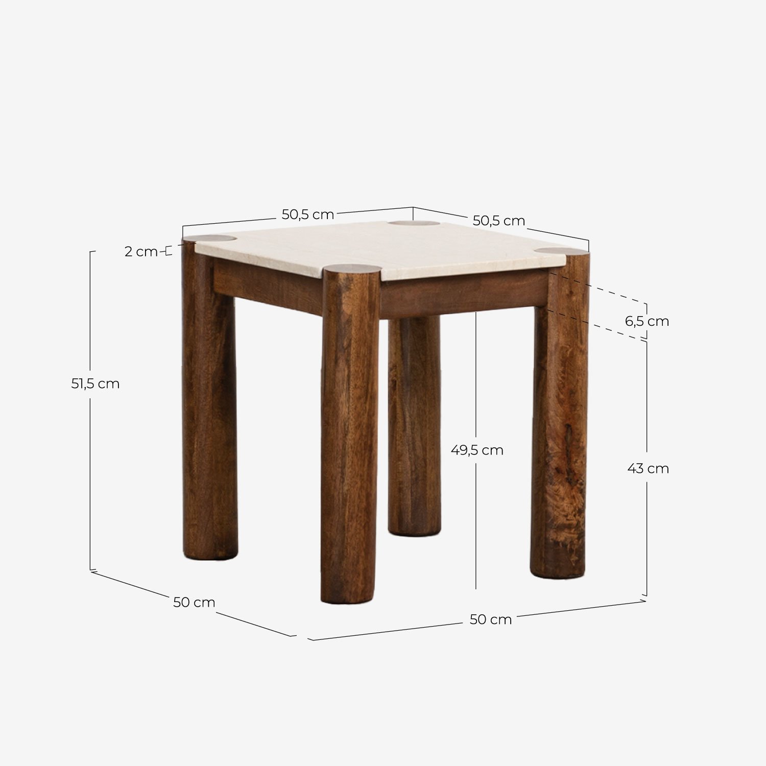 Square Side Table in Botticino Marble and Mango Wood (50x50 cm) Dublin, measurements