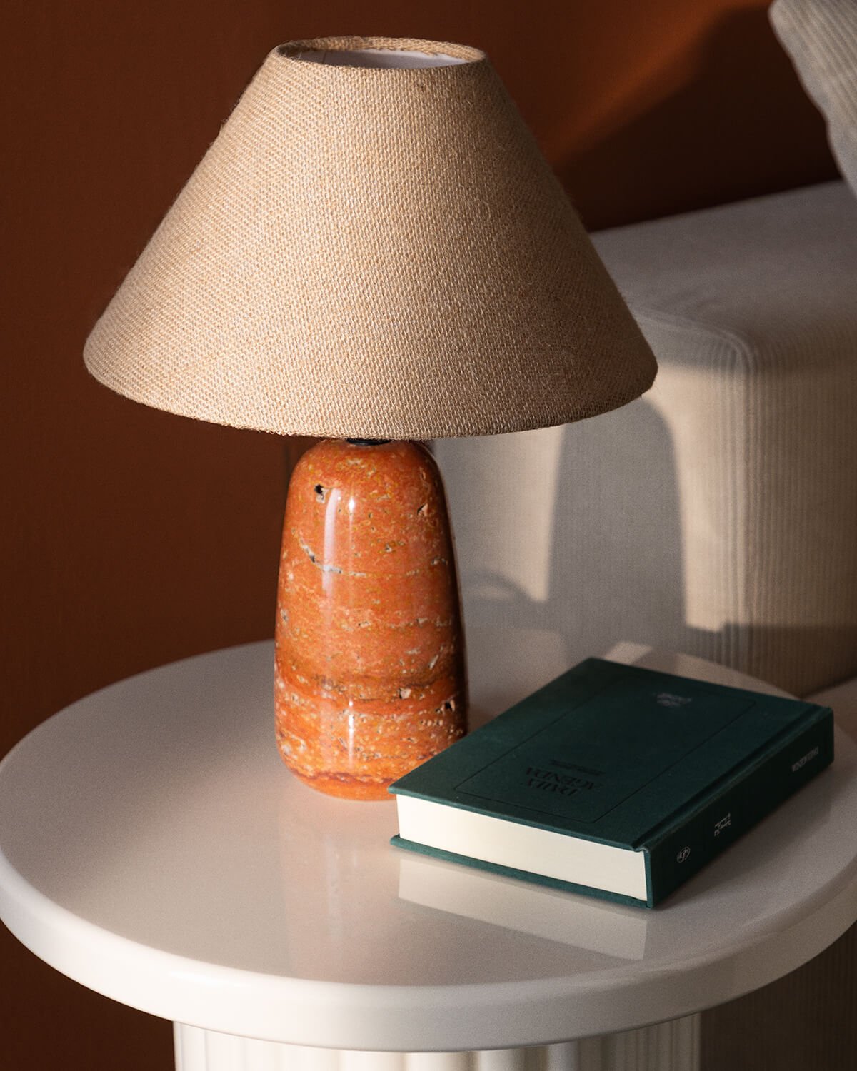 Travertine Marble and Linen Table Lamp Adlai, gallery image 2