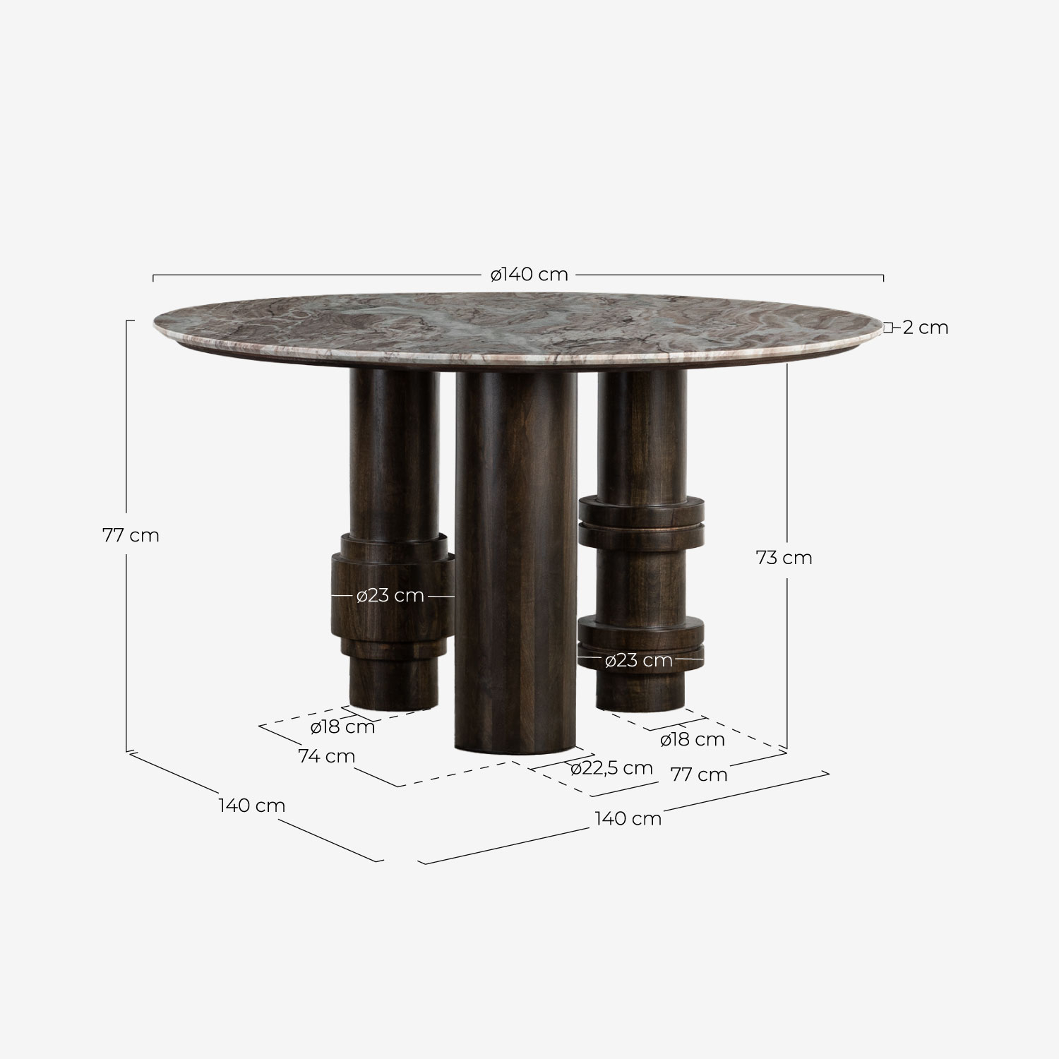 Round Sawar Marble and Mango Wood Dining Table (Ø140 cm) Atenas, measurements