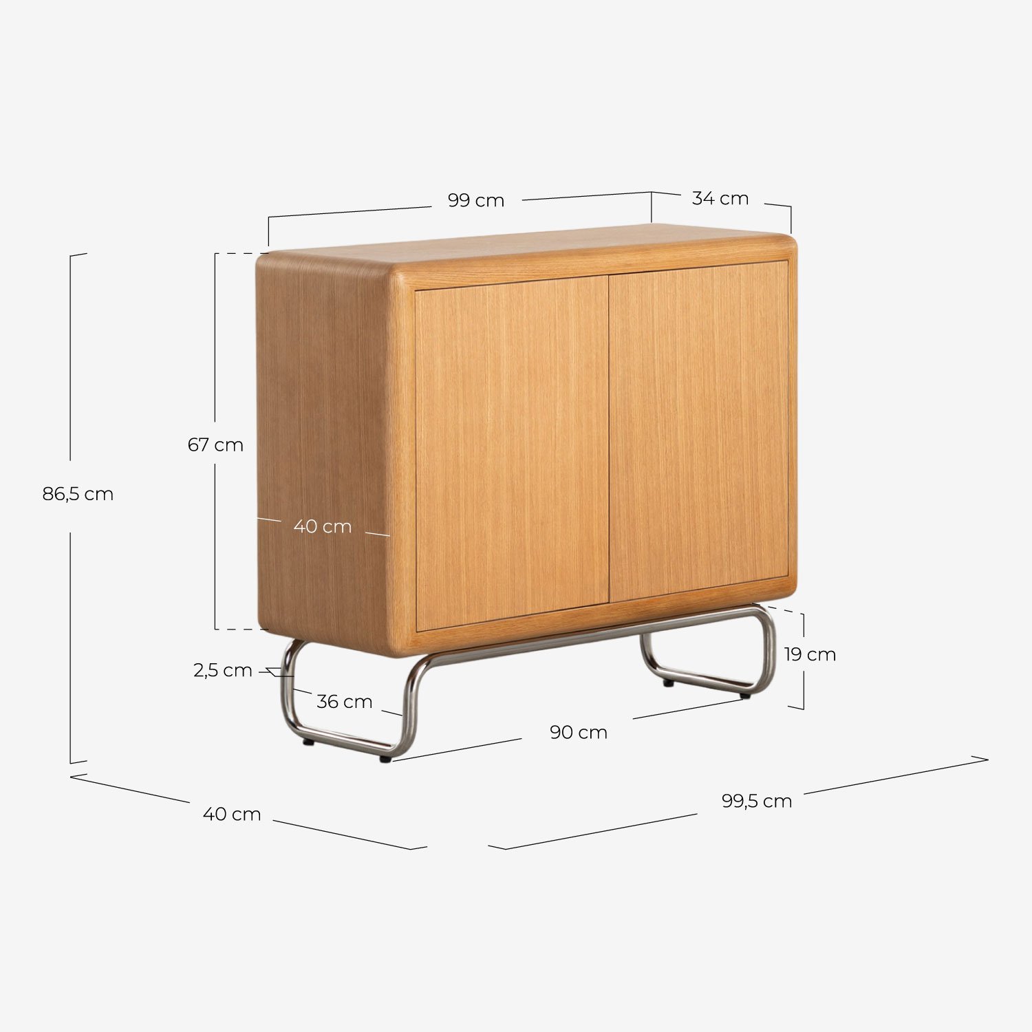 Low Sideboard with 2 Wooden and Metal Doors Candela, measurements