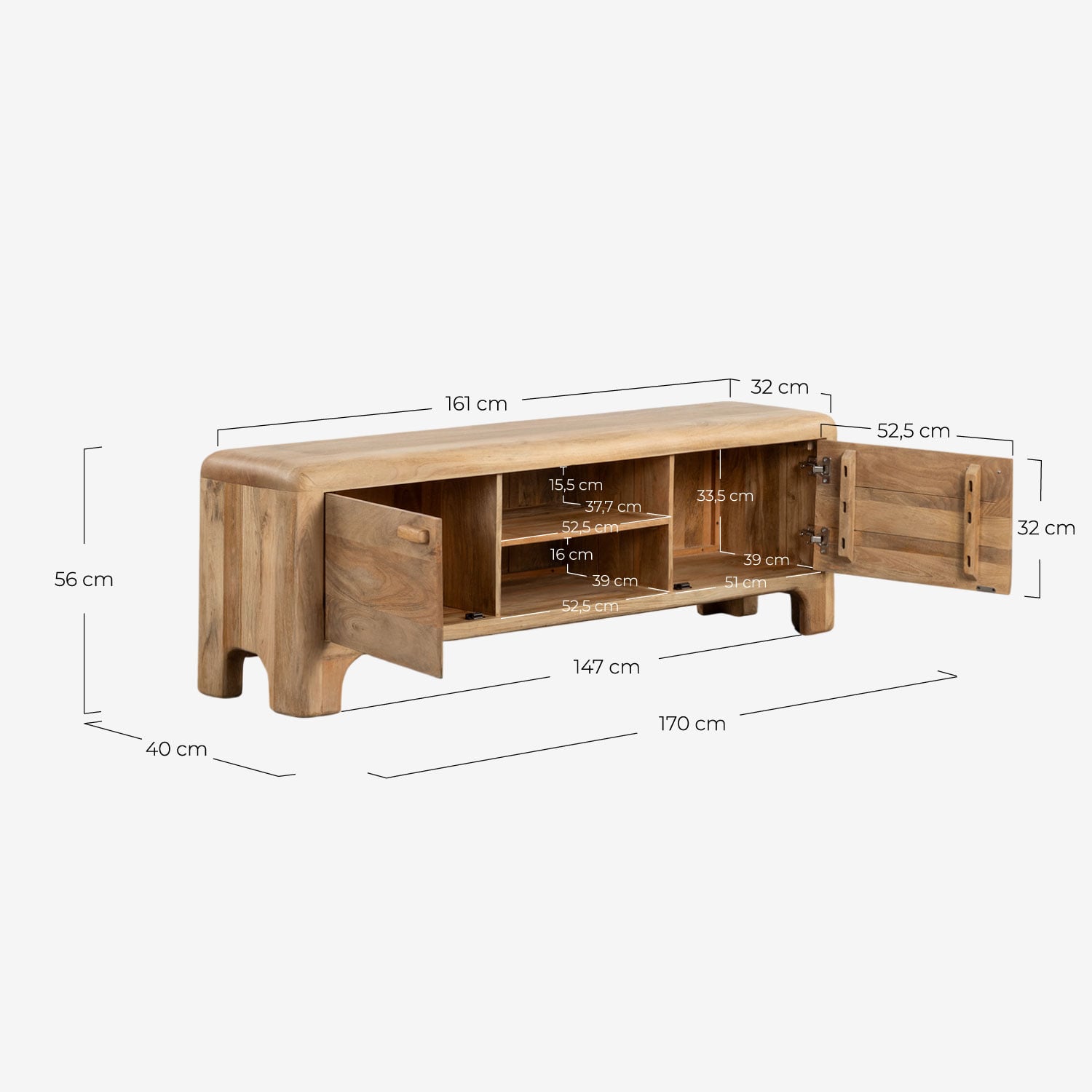  TV Cabinet Mango Wood 2 Door 170x40 cm Reichel, measurements