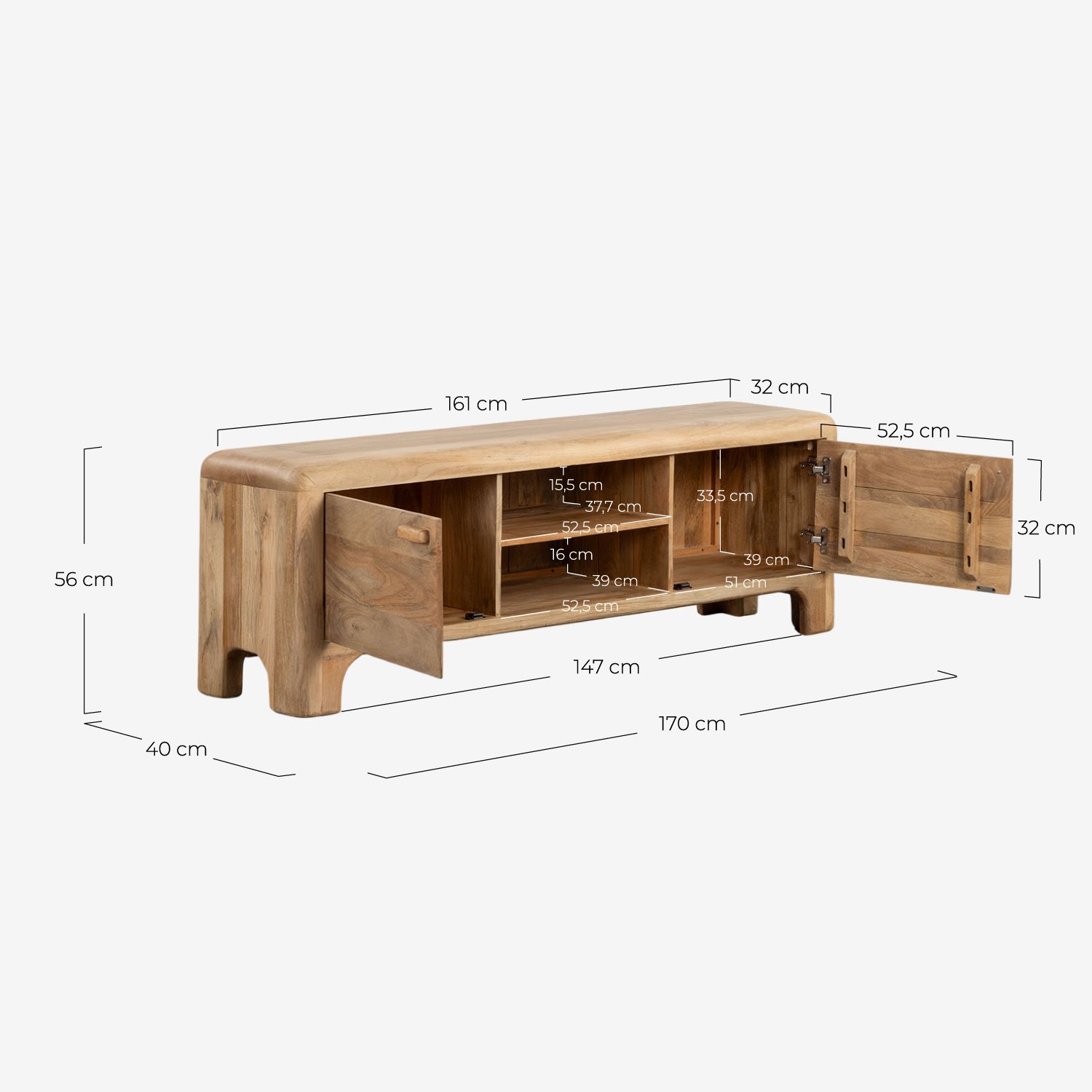  TV Cabinet Mango Wood 2 Door Reichel, measurements