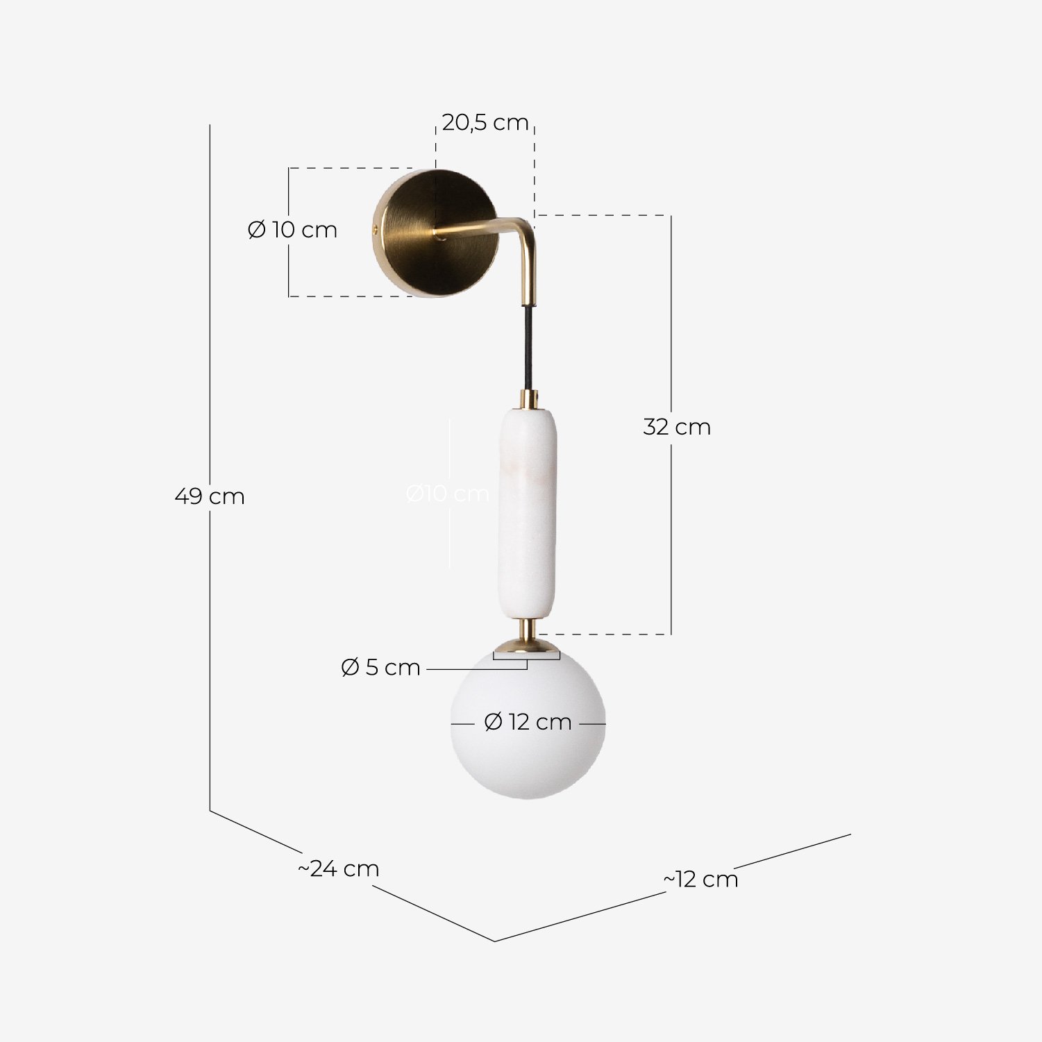 Valenes Metal Wall Lamp with Marble Arm, measurements