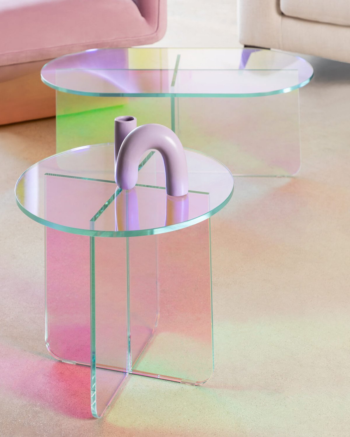 Set of Iridescent Tempered Glass Side Table and Coffee Table Iris, gallery image 2