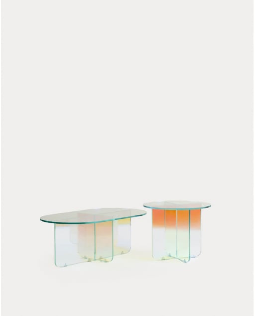 Set of Iridescent Tempered Glass Side Table and Coffee Table Iris