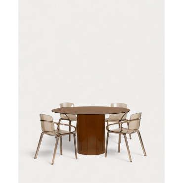 Kolu Round Tempered Glass Dining Table Set (Ø140 cm) and 4 Zuera Polycarbonate Chairs Amber - The Masie