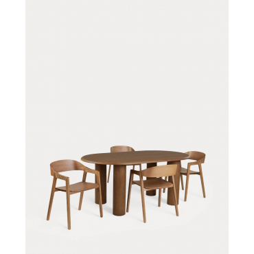 Alhie Oval Dining Table Set (180x100 cm) and 4 Laly Dining Chairs with Wooden Armrests Dark Brown Wood - The Masie