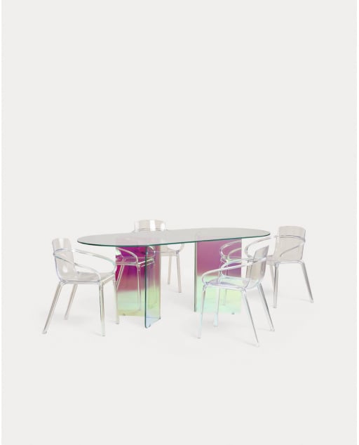 Iris Iridescent Tempered Glass Dining Table Set (200x90 cm) and 4 Zuera Polycarbonate Chairs
