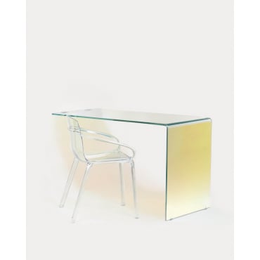 Set of Tempered Glass Desk Iris and Chair with Polycarbonate Armrests Zuera iridescent - The Masie
