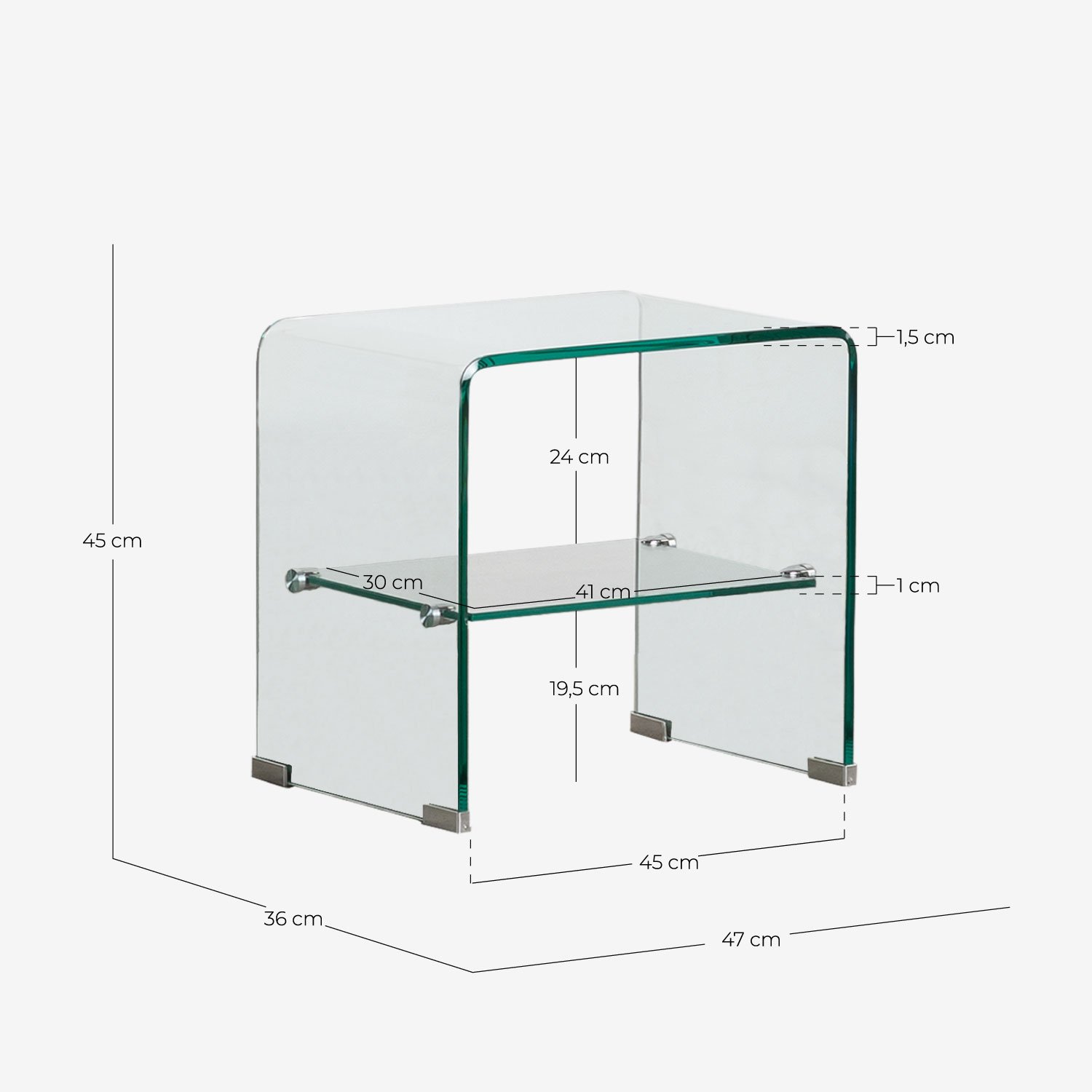 Rectangular Tempered Glass Side Table (47x36 cm) Endil, measurements
