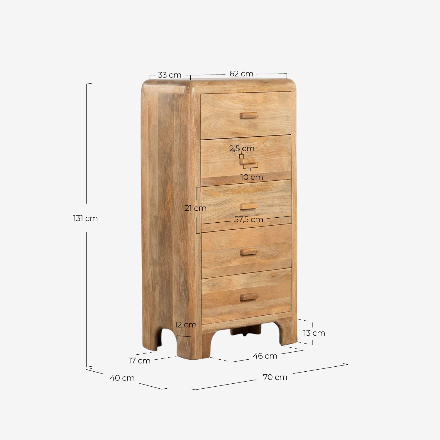 Mango Wood 5 Drawer 70x40 cm Chest of Drawers Reichel, measurements