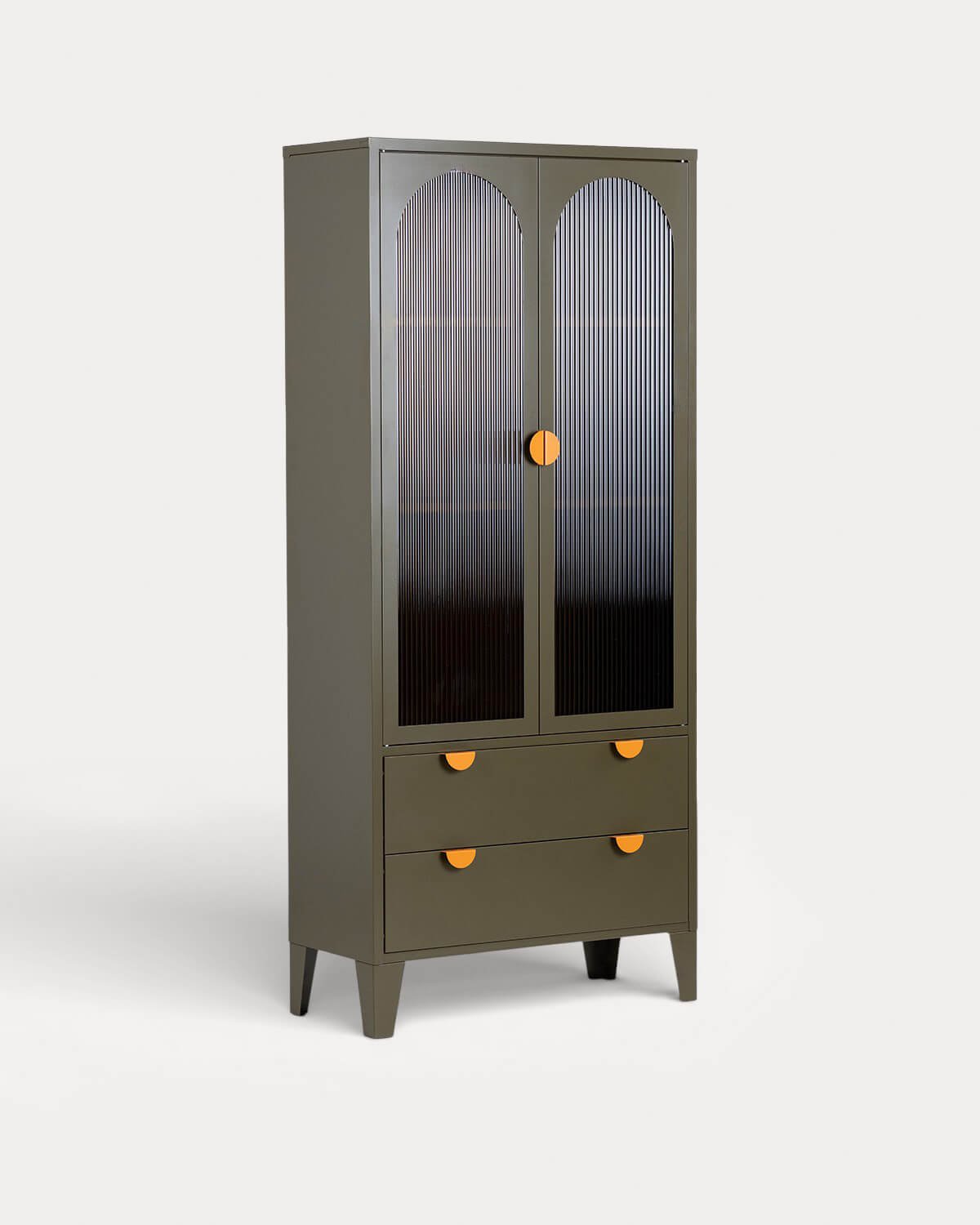 High Sideboard with 2 Doors and 2 Drawers in Laminated Steel and Glass Andrius, gallery image 1