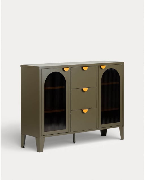 Low Sideboard with 2 Doors and 3 Drawers Laminated Steel and Glass Andrius