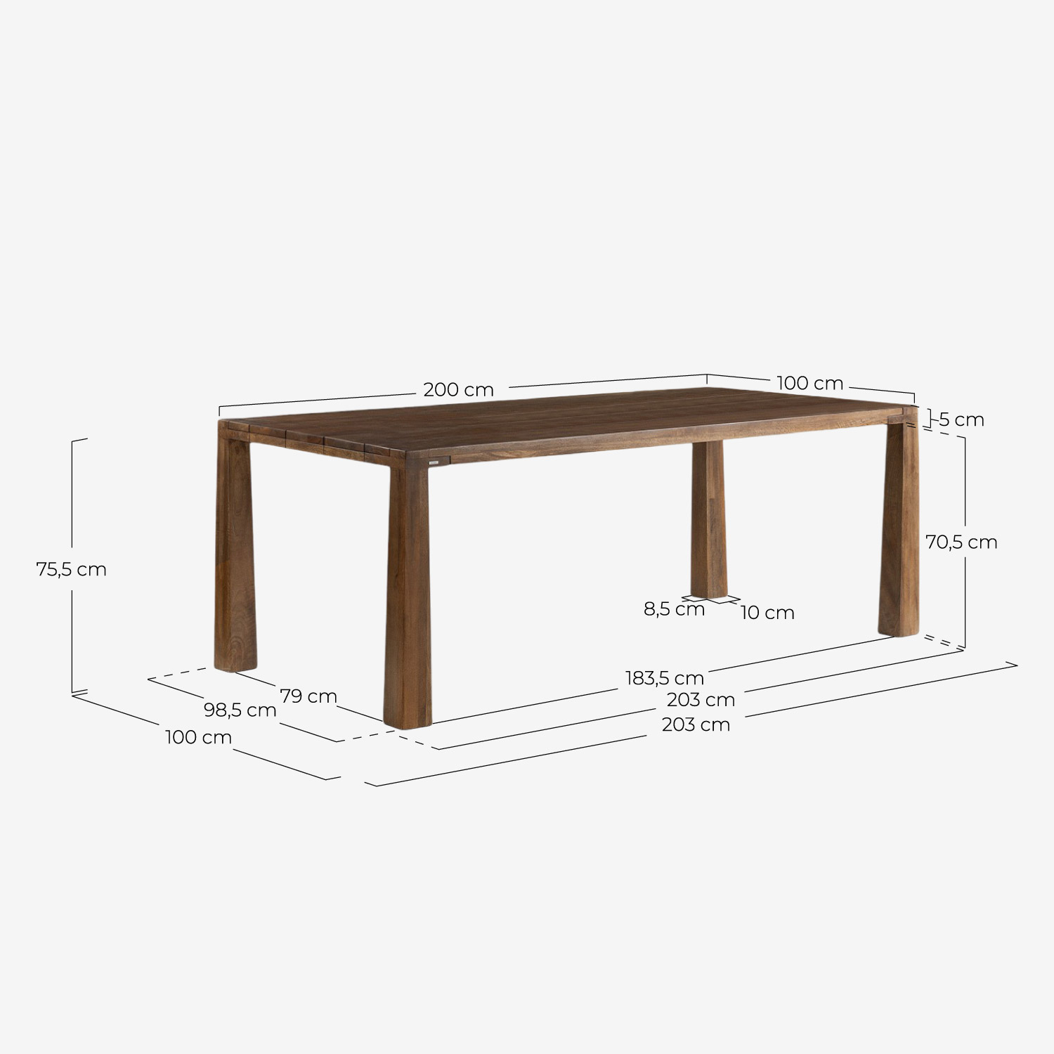 Rectangular Mango Wood Outdoor Table (200x100 cm) Brody, measurements