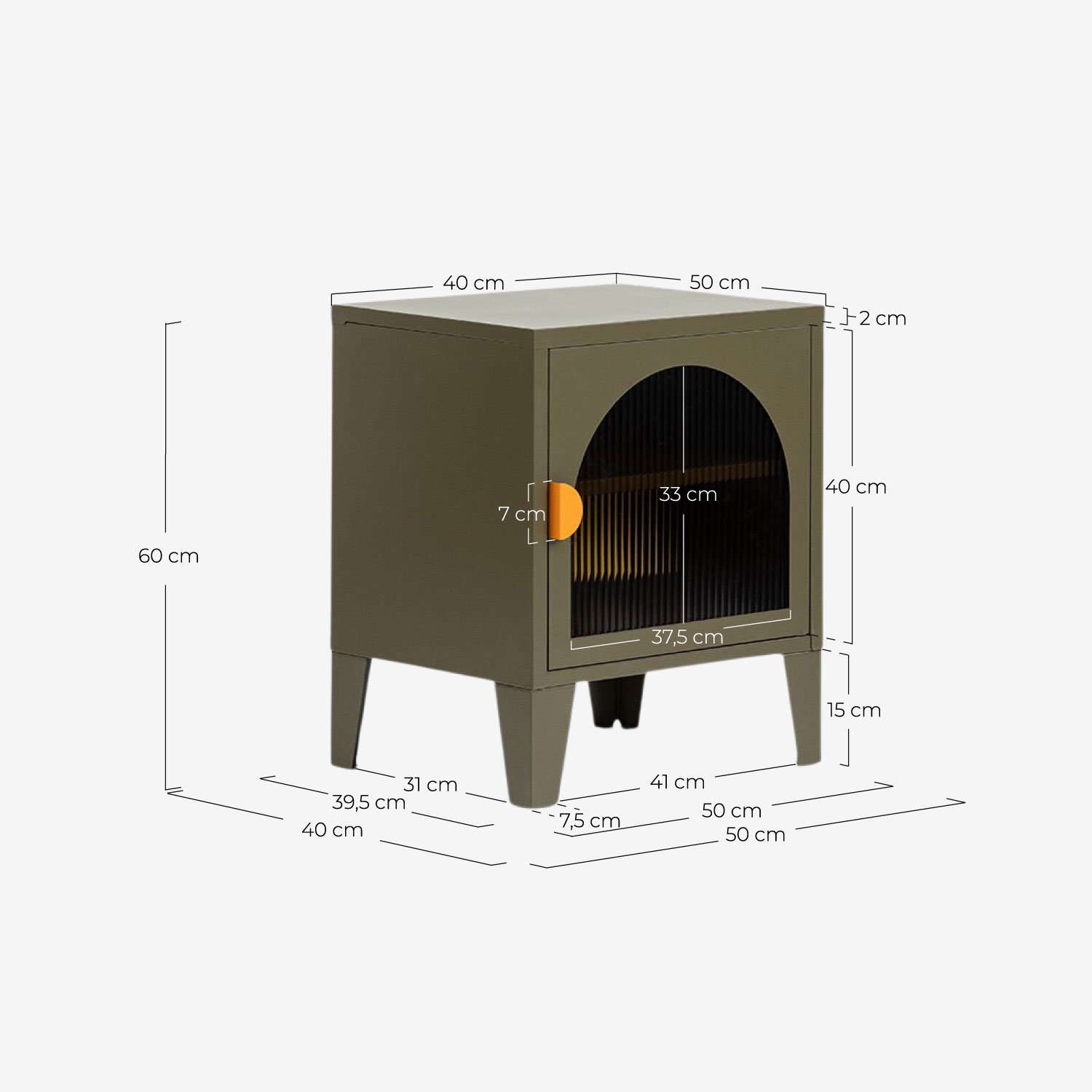 Pack 2 Bedside Tables with Storage in Laminated Steel and Glass (50x40 cm) Andrius, measurements