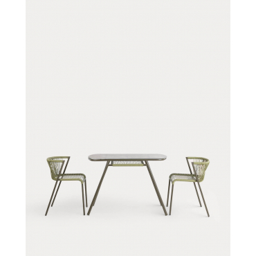 Oval Table (105x55 cm) and 2 Nesting Chairs Set in Metal and Synthetic Rattan for Outdoor Use Paolo Green Nori - The Masie