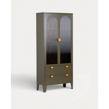 Tall Sideboard with 2 Doors and 2 Drawers 180x80 cm Laminated Steel and Glass Andrius Orange Terra - The Masie