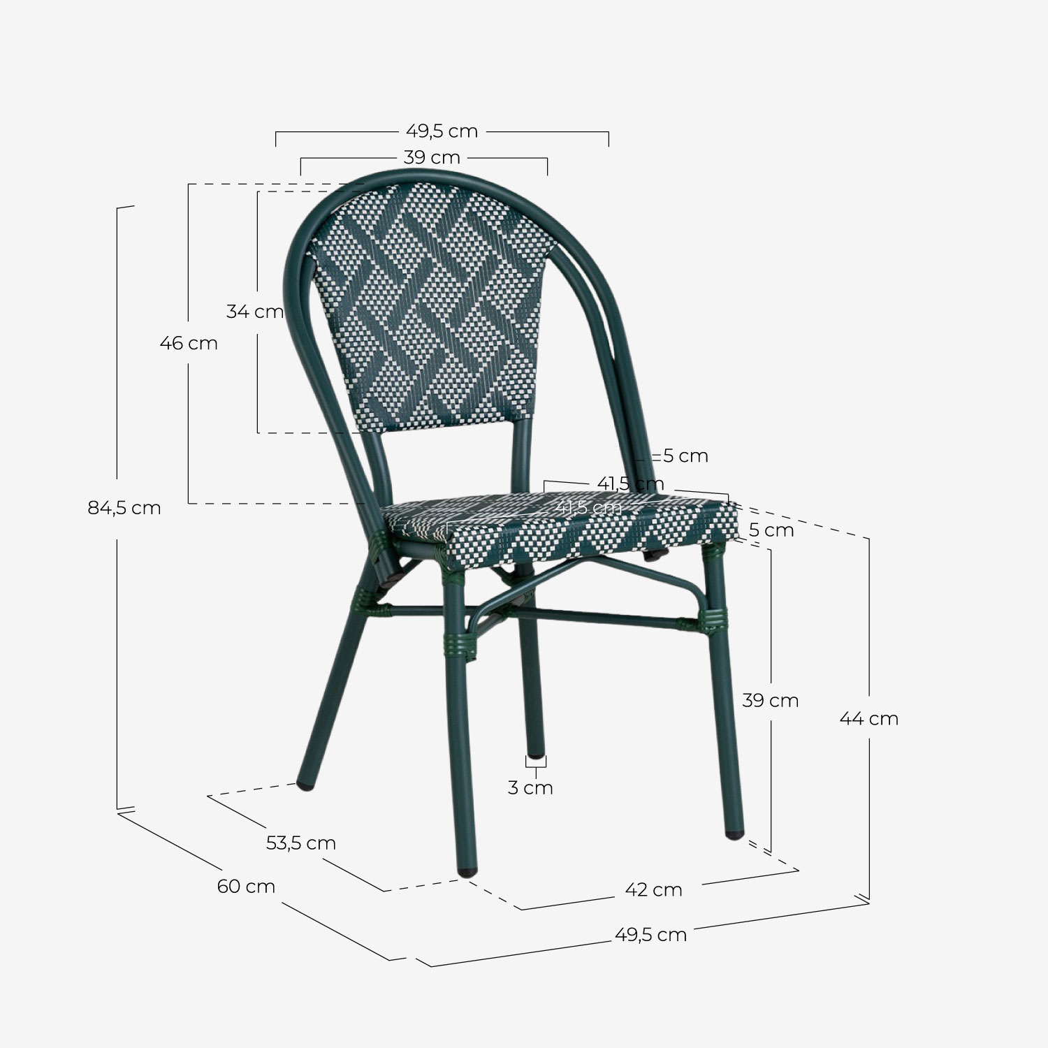 Pack 4 Aluminum and Synthetic Rattan Dining Chairs Yona, measurements