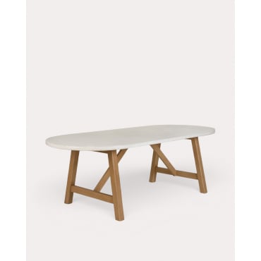 Oval Outdoor Table in Terrazzo and Acacia Wood (230x100 cm) Mirena White Alabaster - The Masie