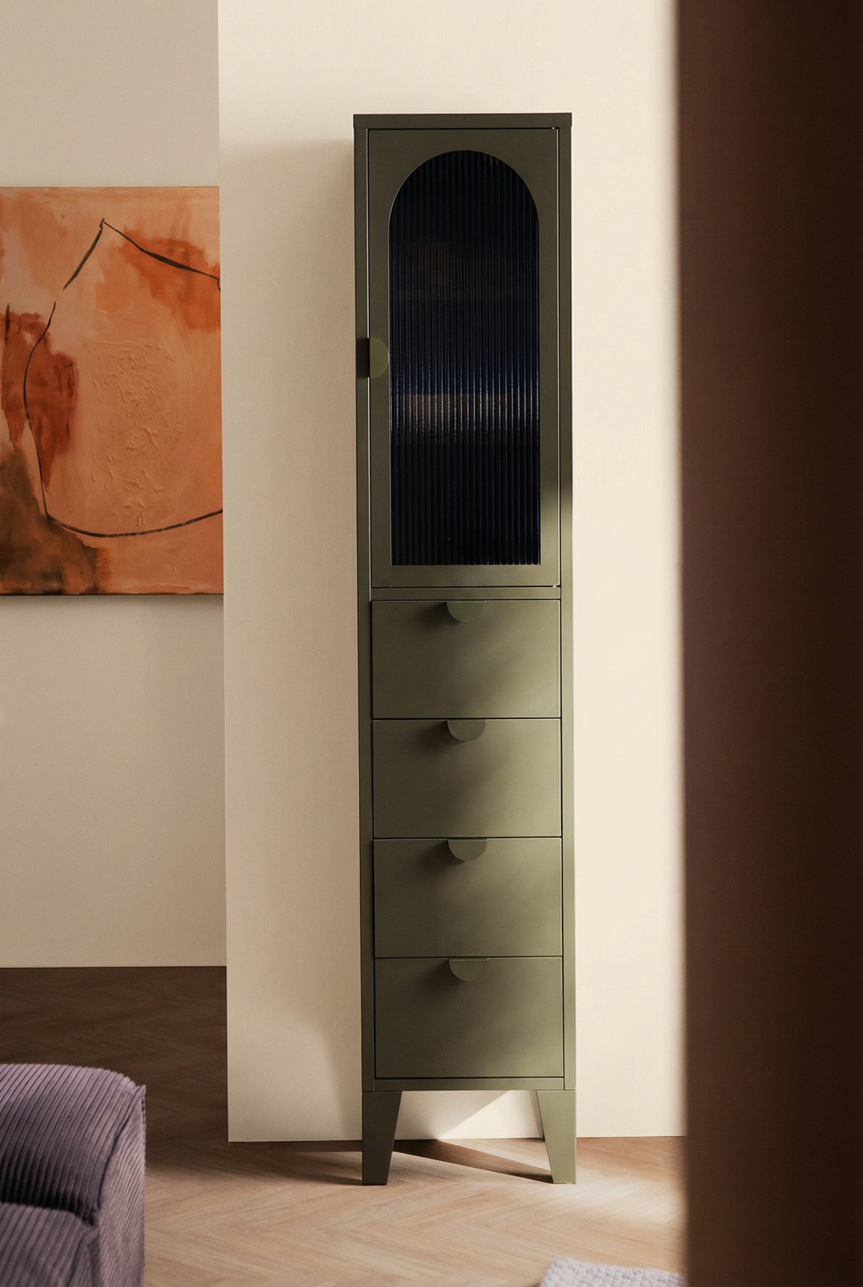 Display Case with 1 Door and 4 Drawers 180x40 cm Made of Laminated Steel and Glass Andrius, gallery image 2