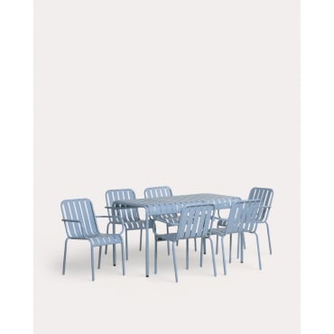 Rectangular Table Set (130x80 cm) and 6 Chairs with Metal Armrests Tavo Blue Silvery - The Masie