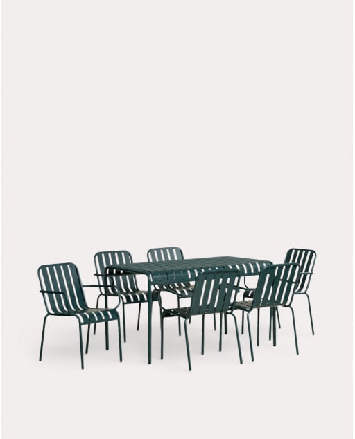 Rectangular Table Set (130x80 cm) and 6 Chairs with Metal Armrests Tavo - Green Grove