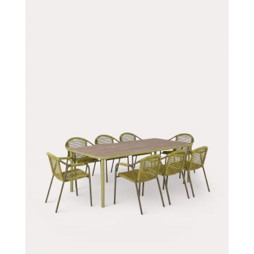 Acacia Wood Rectangular Table Set (240x110 cm) Caitlyn and 8 Metal Armchairs Murna for Outdoor Use Olive Green - The Masie