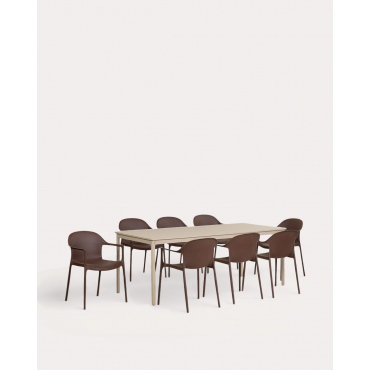Rectangular Metal Table Set (200x90 cm) Dessie and 8 Outdoor Polypropylene Armchairs Juana Chocolate Brown - The Masie