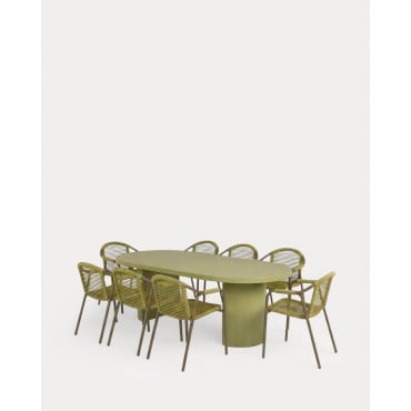 Extendable Table Set (Ø120-240x120 cm) Beca and 8 Chairs with Metal and Rope Armrests Murna Outdoor Olive Green - The Masie