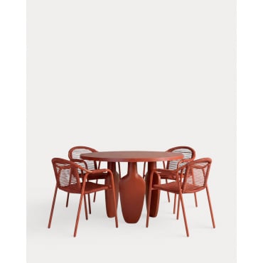 Round Cement Table Set Ylena (Ø120 cm) and 4 Outdoor Chairs with Metal and Rope Armrests Murna Red Brick - The Masie