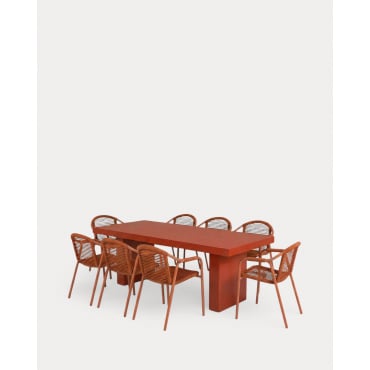 Rectangular Cement Table Set (245x110 cm) Itxaso and 8 Outdoor Chairs with Metal and Rope Armrests Murna Red Brick - The Masie