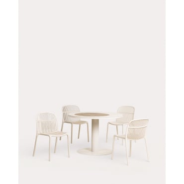 Lirae Round Metal Table Set (Ø110 cm) and 4 Aisha Polypropylene Chairs for Outdoor Use Beige Seashell - The Masie