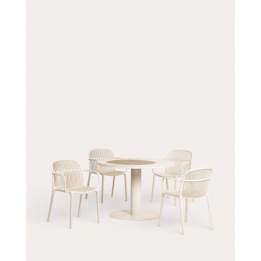 Round Metal Table Set (Ø110 cm) Lirae and 4 Outdoor Polypropylene Armchairs Aisha Beige Seashell - The Masie