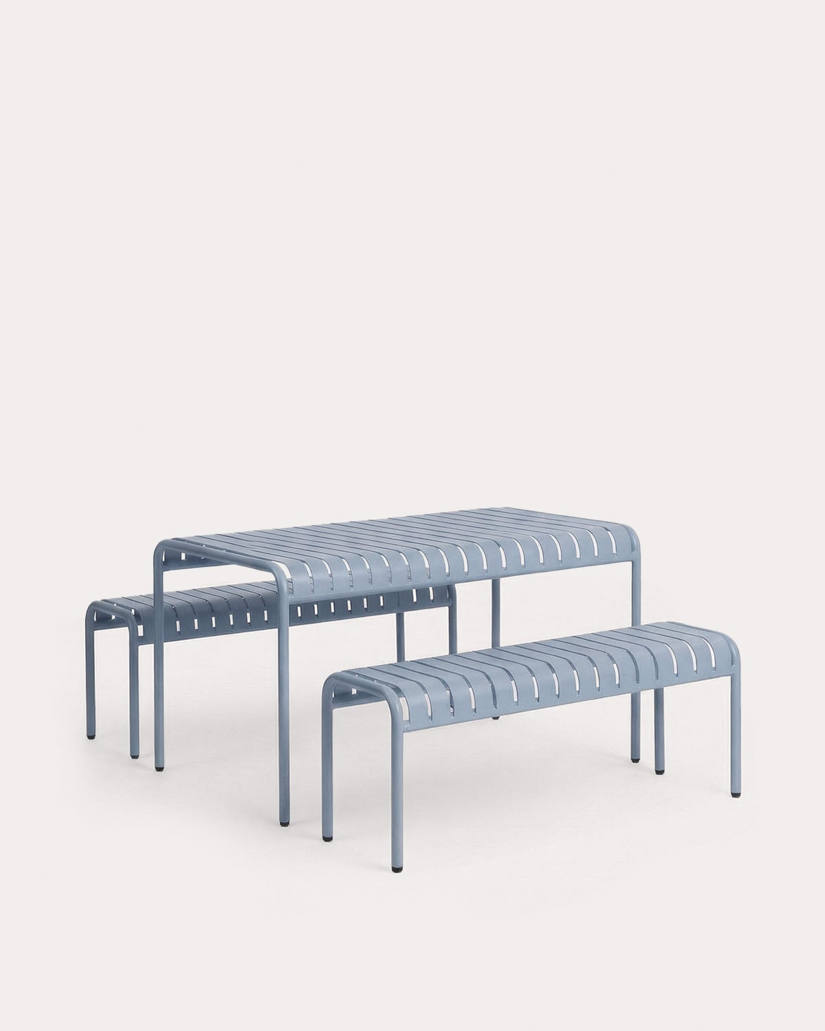 Outdoor Rectangular Table Set (130x80 cm) and 2 Metal Benches Tavo, gallery image 1