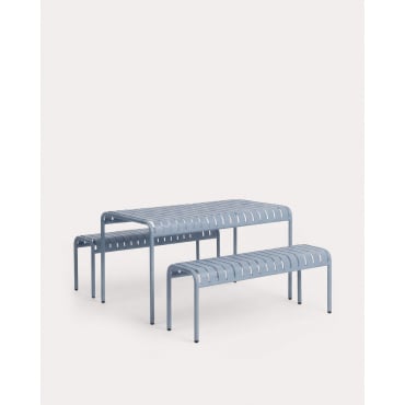 Outdoor Rectangular Table Set (130x80 cm) and 2 Metal Benches Tavo Blue Silvery - The Masie
